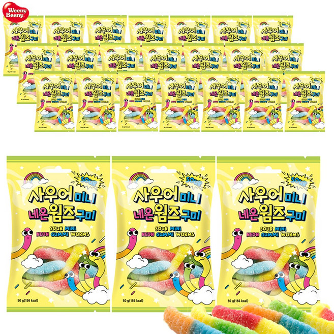 예이니식품 사우어 미니네온 웜즈 젤리 (50g) 위니비니사탕캔디, 50g, 24개
