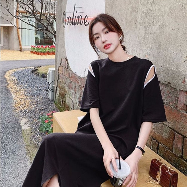 VEZRI 여성 빅사이즈 롱 티어드레스 오픈웍 디자인 루즈핏 커버 롱기장 데일리 심플 라운드넥