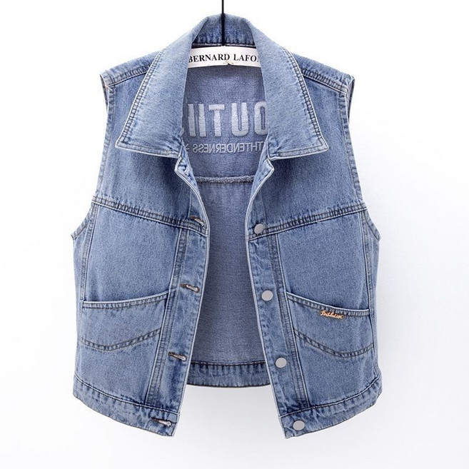 남성 청조끼 봄 가을 남여공용 캐주얼 코디 자수 데님 베스트 상의 여성 패션 후드 조끼 코트 루즈핏 데일리 민소매 아우터
