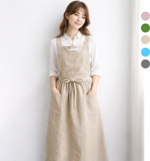 이드림 코튼 린넨 롱 원피스형 앞치마, 1개, 베이지