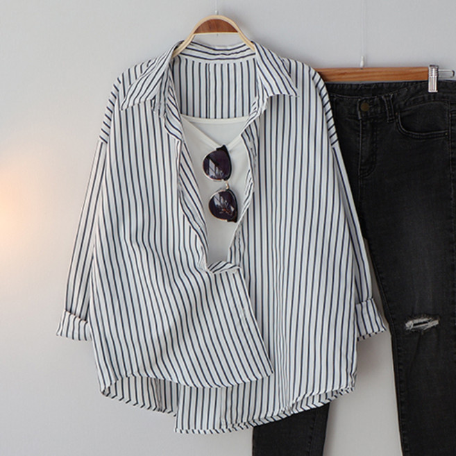스카이코코 여성 긴팔 남방 더블 스트라이프 셔츠