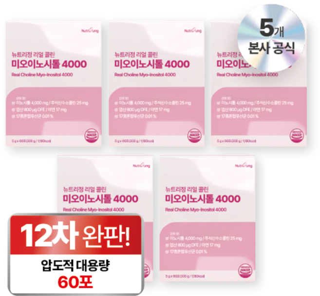 뉴트리정 리얼 콜린 미오이노시톨 4000 엽산 대용량 60포, 5박스, 300g