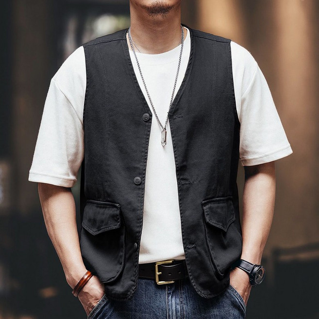 별후이 남성 여름 빅 사이즈 브이넥 카고 데님 조끼 루즈핏 가디건 면마 베스트07dqg07LL