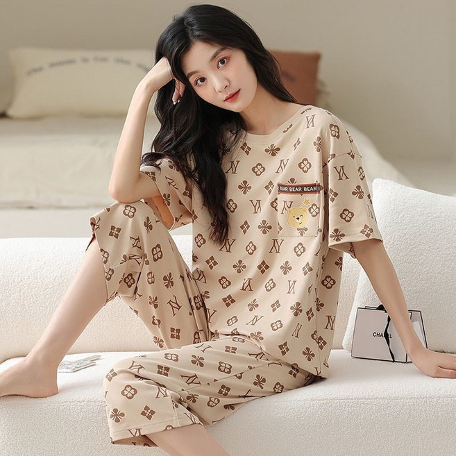短袖睡衣女夏季新款七分褲家居服套裝 可外穿兩件套