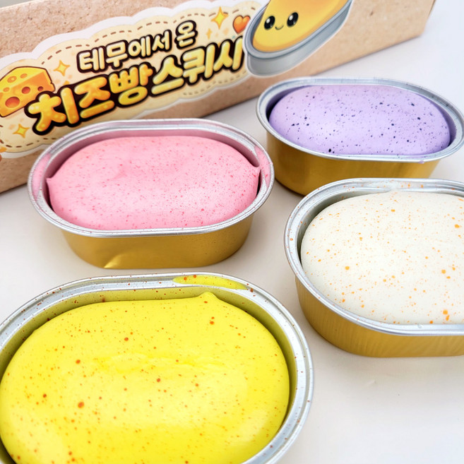 치즈빵 말랑이 스퀴시, 1세트, 분홍1P+보라1P+노랑1P+크림1P