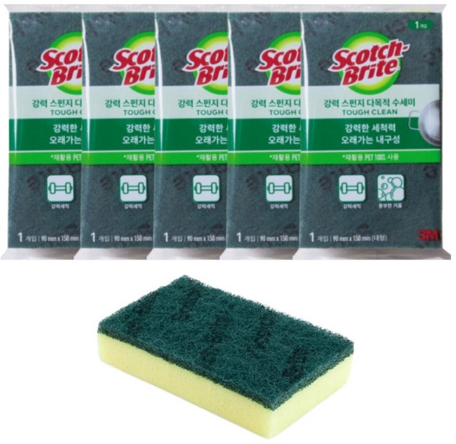 3M 강력 스펀지 다목적 수세미 대형 (9cm x 15cm) 설거지 거품 다목적용 SL-135, 1세트, 5개