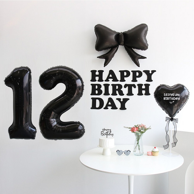 이벤트홀릭 블랙 풍선 생일파티용품세트 (자유레터링) 리본 숫자 풍선 가랜드, 1개, 12