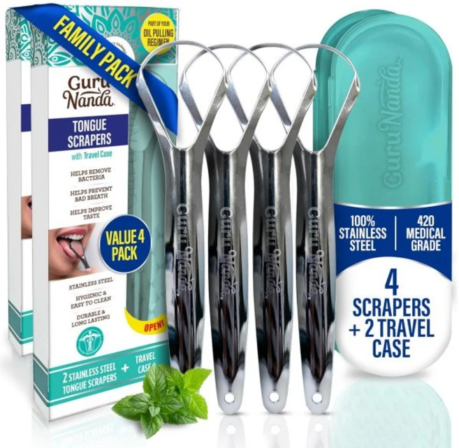 GuruNanda 스테인리스 스틸 혀 스크레이퍼 (2개 팩) 구취 방지 의료 등급 100% 클리너 성인 및 아동용 스크레이퍼 구강 관리에 적합 여행 친화적, Pack of 4 - Spoon Shaped - 쿠팡