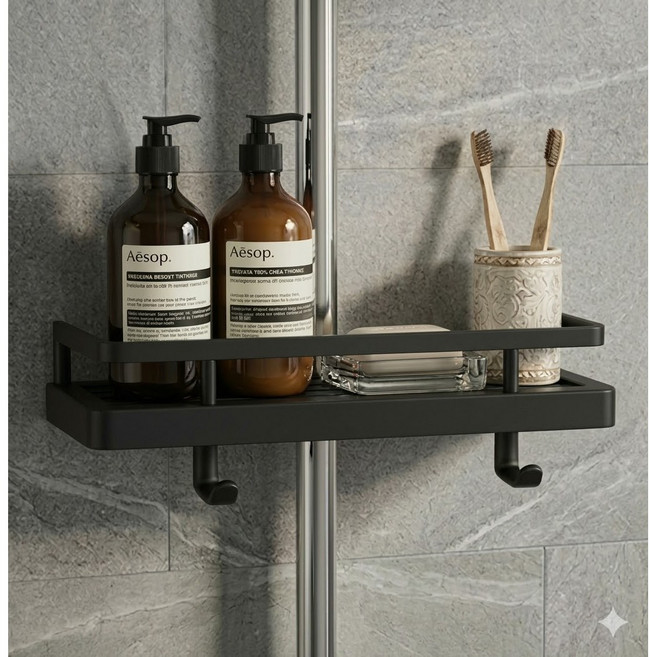 무타공 무접착 샤워봉 욕실선반, 1개, 블랙