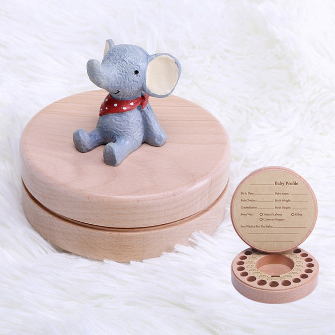 Leeting Time 乳牙保存盒 櫸木紀念收納盒 兒童換牙紀錄, 小象