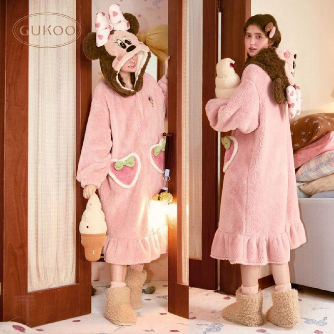 Gukoo 구쿠 빅사이즈 여성 미니마우스 캐릭터 겨울 극세사 수면 핑크 롱후드 가운