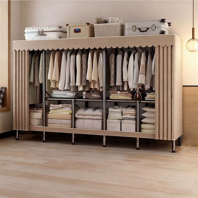 免安裝衣櫃 衣櫥 加粗鋼架 簡易衣櫃 臥室收納, 長200cm-可可奶咖色+含佈套+送掛衣