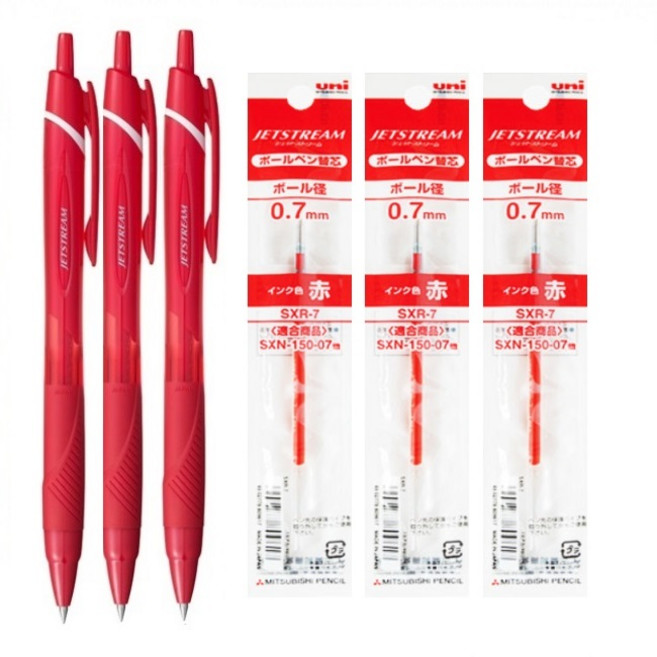 더주니 유니 제트스트림 SXN-150 단색 볼펜 3개 + 리필 3개 세트, 1개, 0.7mm 레드 3개 + 리필 3개 세트