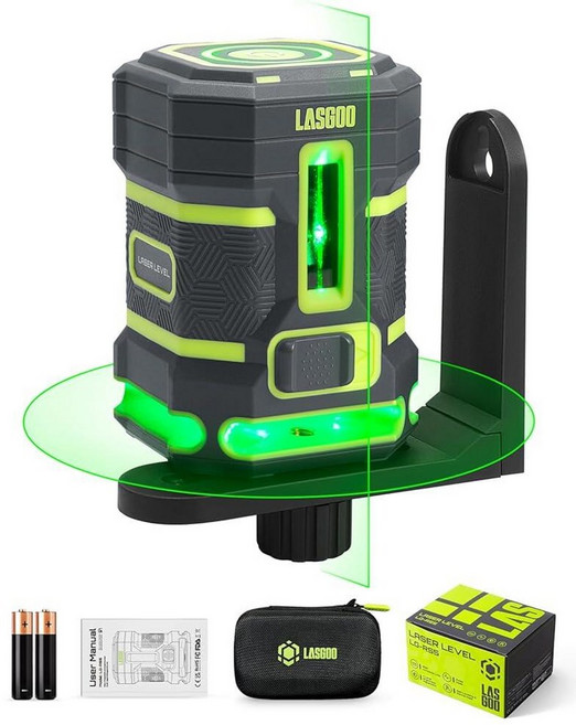 LASGOO 그린 레이저 레벨 셀프 레벨링 수직 라인이 있는 360° 수평 레이저 바닥 타일 벽 건설을 위한 4가지 밝기 펄스 모드 L-브래킷 배터리 및 휴대용 가방, LG-RS5