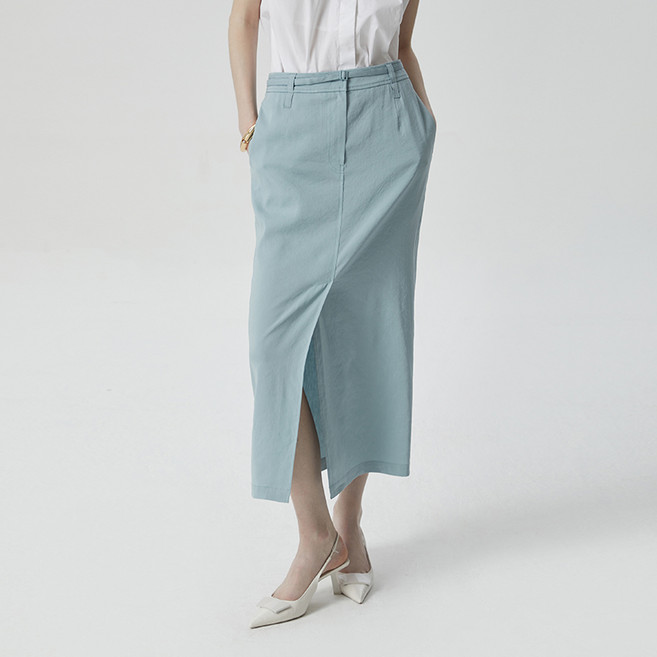 [컴젠] 여성 린넨 앞트임 스커트 L BLUE