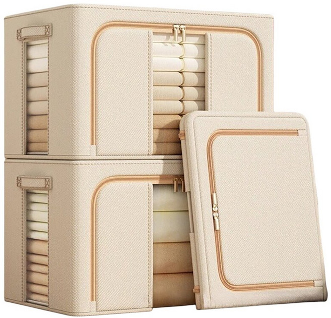 유미코 패브릭 리빙박스 접이식 옷장 정리함 이불 옷 수납박스, 베이지, 1개