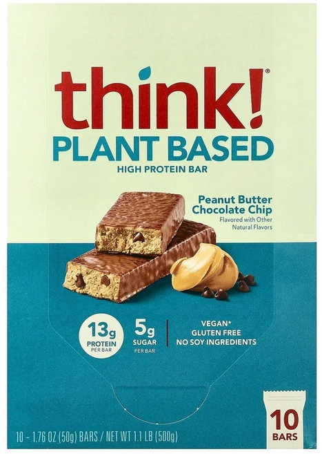 Think 식물성 고단백질 바 땅콩 버터 초콜릿 칩 10개입 각 50g(1.76온스), 50g - 쿠팡