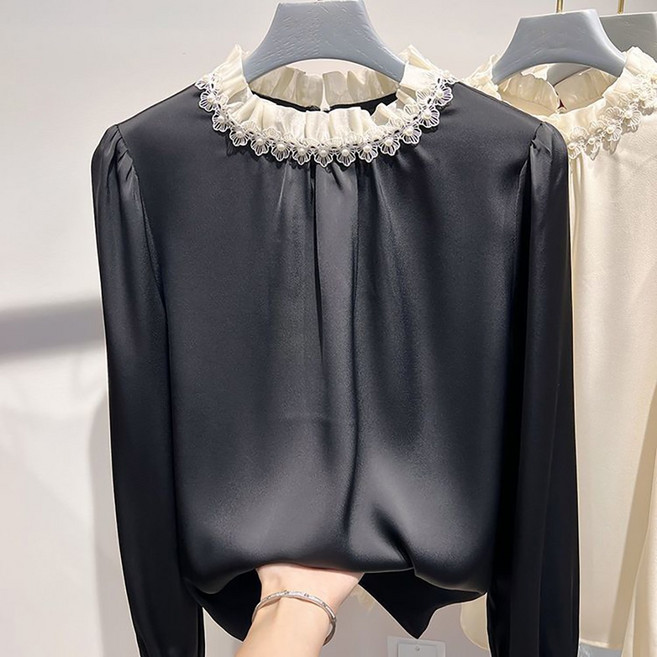 ROYALBELLE 여성 레이스 카라 주름 디테일 블라우스 진주 장식 긴팔 세련된 블라우스 F0082710