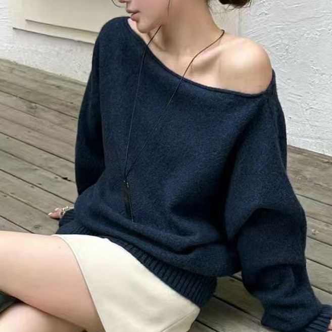 cammello 체형커버 루즈핏 언발 오프숄더 울 니트 티셔츠 긴팔 니트티