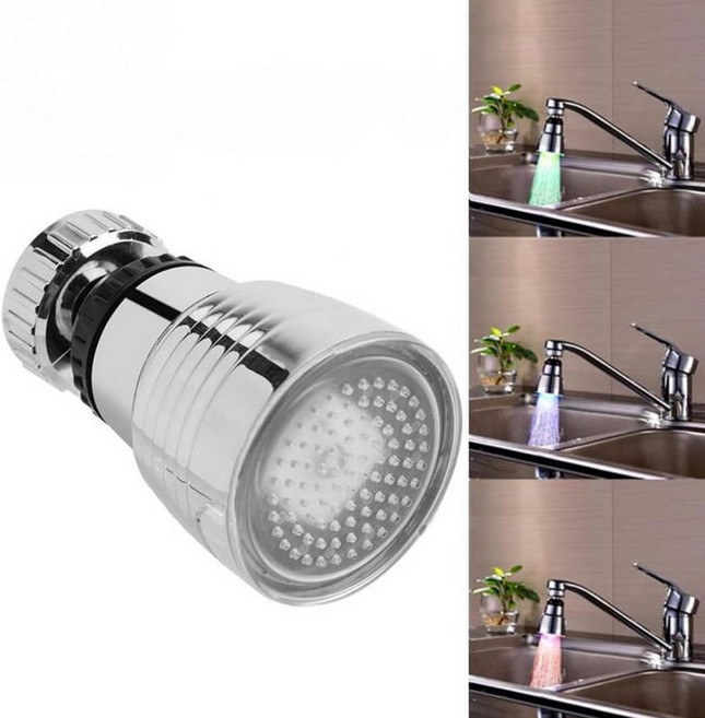 3가지 색상 LED 수도꼭지 조명 온도 센서 변경 에어레이터 원형 360도 회전식 주방 욕실 2PCS