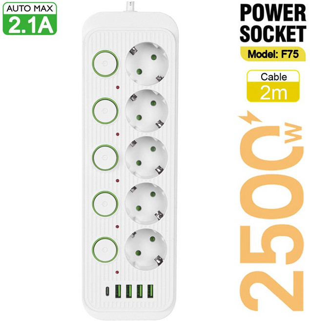 멀티콘센트 디자인 연장선 고용량 EU 220v 플러그 다중 소켓 AC 콘센트 US 110vB 포트가 있는 전원 스트립 연장 케이블 서지 보호기 네트워크 필터 개별 스위치, 1개, F75 White 2m, 5) Eu 플러그 - F75 White  2m