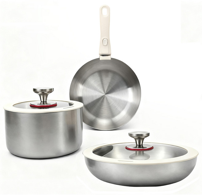 스테인리스 인덕션 스테인리스 스틸 냄비 세트 다기능 탈착식 손잡이 냄비 프라이팬 냄비 우유솥 라면 냄비 3종 세트, 실버, 1세트, 26cm프라이팬+22cm프라이팬+18cm탕솥+손잡이
