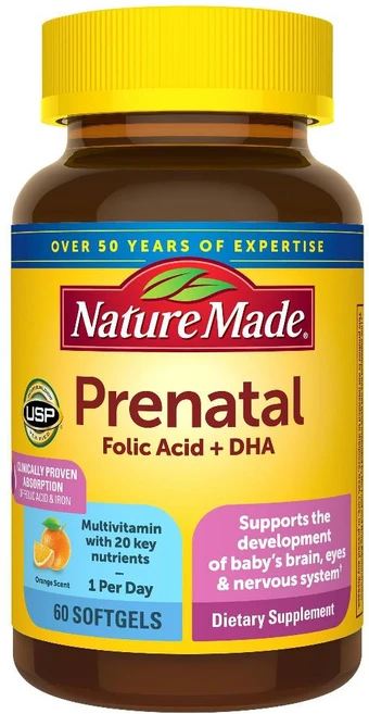 엽산 + DHA 함유 Nature Made Prenatal 임산부용 비타민 및 미네랄 보충제 소프트젤 60정 60일분, 60 카운트(1팩), 1개 - 쿠팡