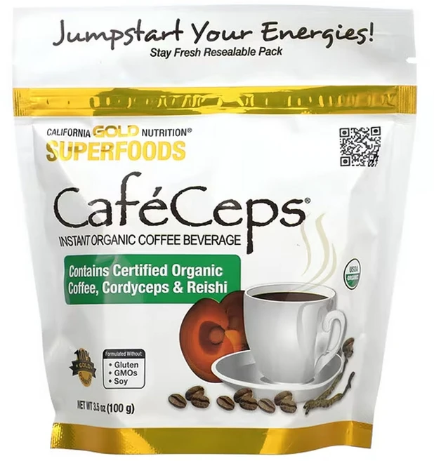 캘리포니아골드 뉴트리션 CafeCeps 유기농 인증 인스턴트 커피 동충하초 및 영지버섯 분말 함유 100g(3.5oz), 1팩, 100g - 쿠팡