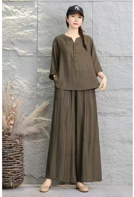 여성용 중년 엄마 플러스 사이즈 봄 여름 가을 시원 캐주얼 텐셀 면 린넨 마 100 투피스 상하의 바지 세트