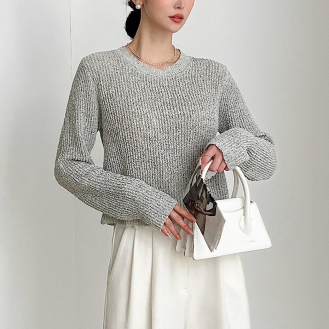 뜨개진 여성용 레이온 부클 골지 크롭 쿼츠라운드 니트