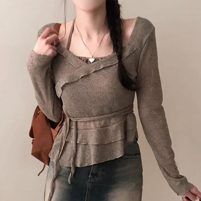 라라홀리 프릴 페이크 홀터넥 레이어드 랩 허리 리본 니트 긴팔티