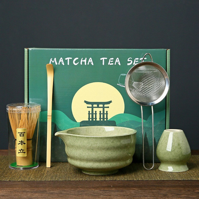 日式抹茶茶具套裝，含抹茶碗、茶筅、茶勺, 1個, 茶绿抹茶碗5件套（贤+月彩盒, 茶绿