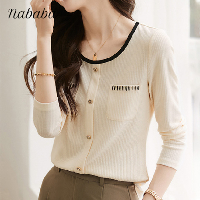 나바바 NT1413 여성 우아한 세련미 라운드넥 긴팔 티셔츠