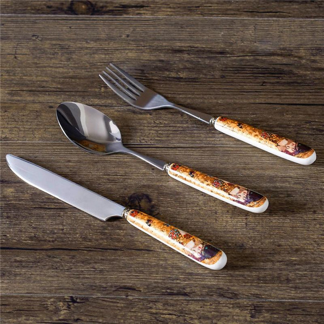 럭셔리 레트로 명화 커피잔 찻잔세트 주전자 클림트 키스 엔틱 골드 도자기 선물, 1개, 칼 숟가락