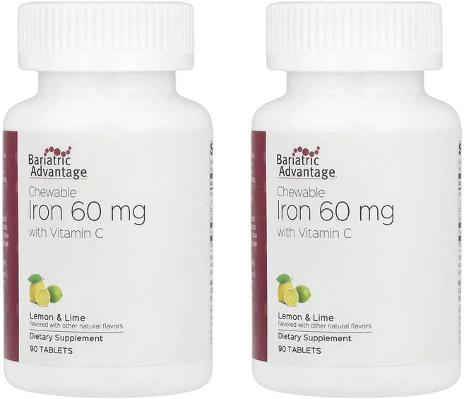 바리아트릭어드밴티지 철분 IRON 츄어블 비타민C 함유 레몬 라임 60mg 90정 1+1, 2개 - 쿠팡
