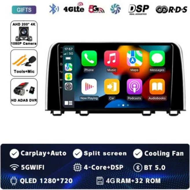 혼다 CRV 2017 2018 2019 2020 2021 2022 멀티미디어 비디오 플레이어 내비게이션 GPS 카플레이 QLED 스테레오 와이파이 안드로이드 14 자동차 라디, 1개, 3) 4G-32G CAM DVR