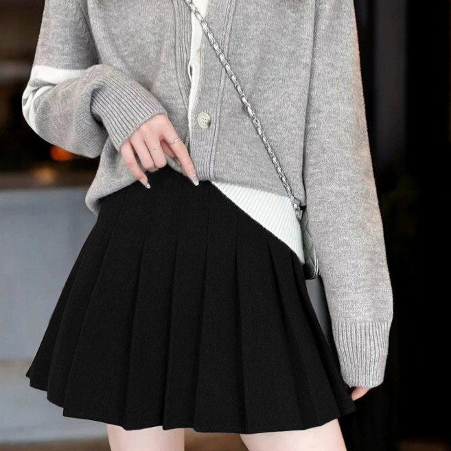 티레오 여성용 치마 플리츠 스커트 A라인 울 하이웨스트 미니스커트 허리 밴딩 가을 겨울