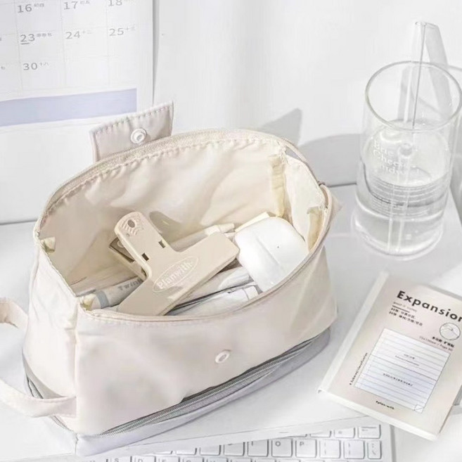 허니잼 더블 대용량 필통 패브릭 큰 필통 대학생 고등학생 중학생 필통 수납 펜 파우치, 1개, 아이보리