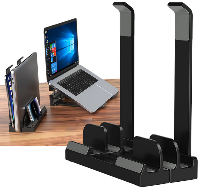 ZOZOFO 노트북 태블릿 수직 거치대 스탠드 다기능 받침대 트리플 거치대 초경량 흔들림방지 높이조절 수직버티컬 휴대용 접이식 받침대 각도조절 노트북 맥북 거치대, 블랙(20*18*9.5cm), 트리플거치대