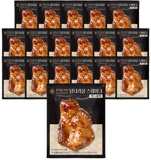 [무료배송/당일발송] 푸라닭 국내산 순살 닭다리살 스테이크 매드갈릭, 130g, 18개