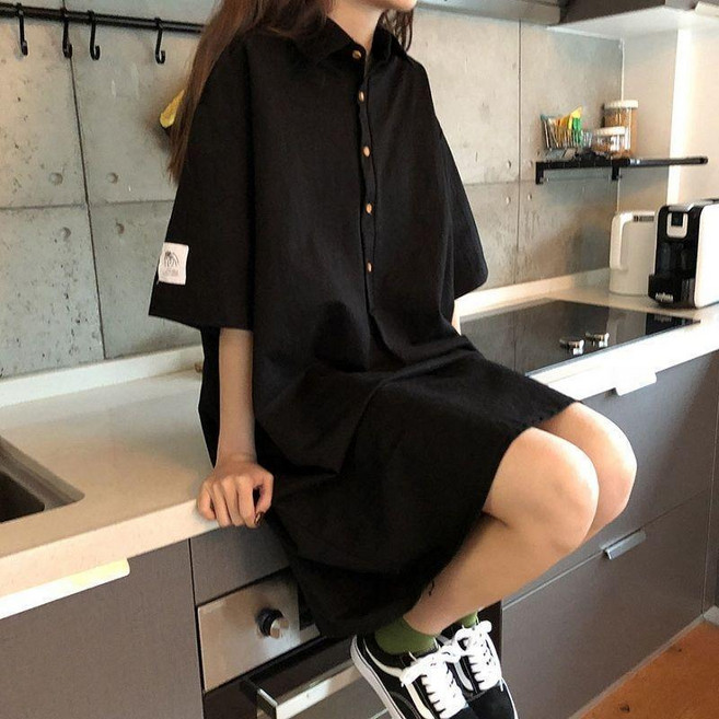 法式復古寬鬆顯瘦POLO領連衣裙, 黑色,XL 55.0-70.0公斤, 黑色