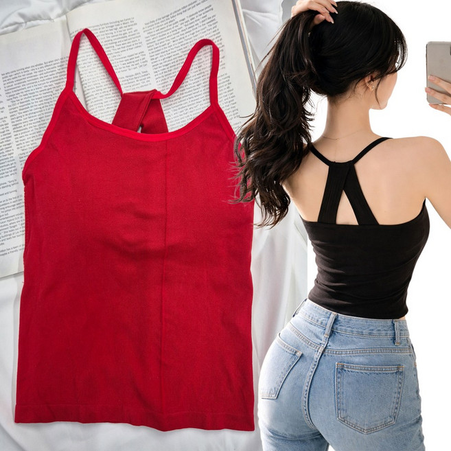 nanalshop 쫀쫀 여성 섹시 홀터넥 캡나시 심리스 캡내장 스판 나시 요가복 상의