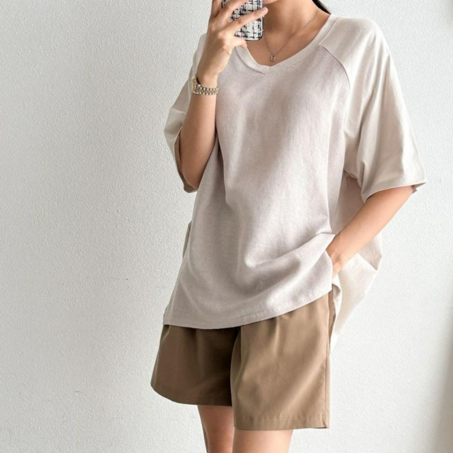 nanika 7컬러 여성 빅사이즈 반팔 린넨 면티 편한 옆트임 박스 롱 반팔티 여름