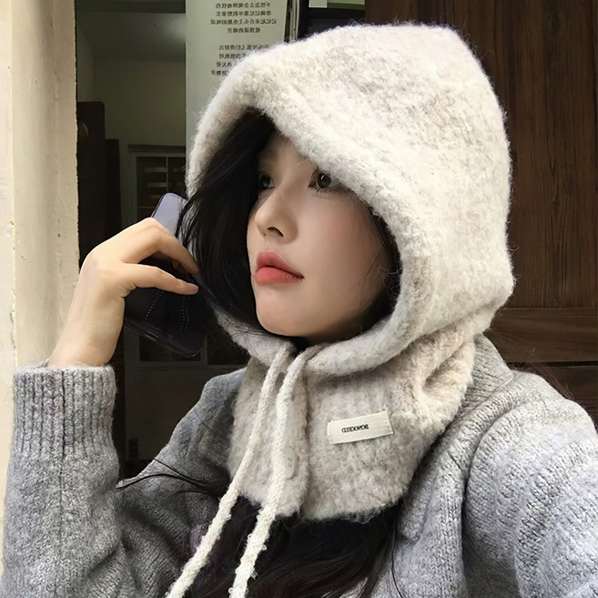 KEMEI 바라클라바 후드 넥워머 오버핏 울 니트 방한 모자 겨울 워머 목도리