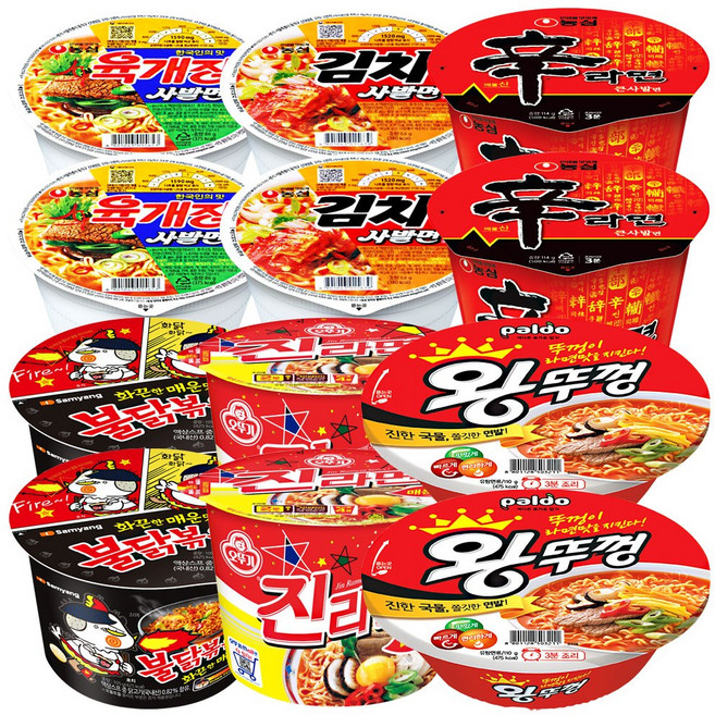 컵라면 6종 불닭볶음면2 진라면2 육개장2 김치사발면2 신라면2 왕뚜껑2, 1박스