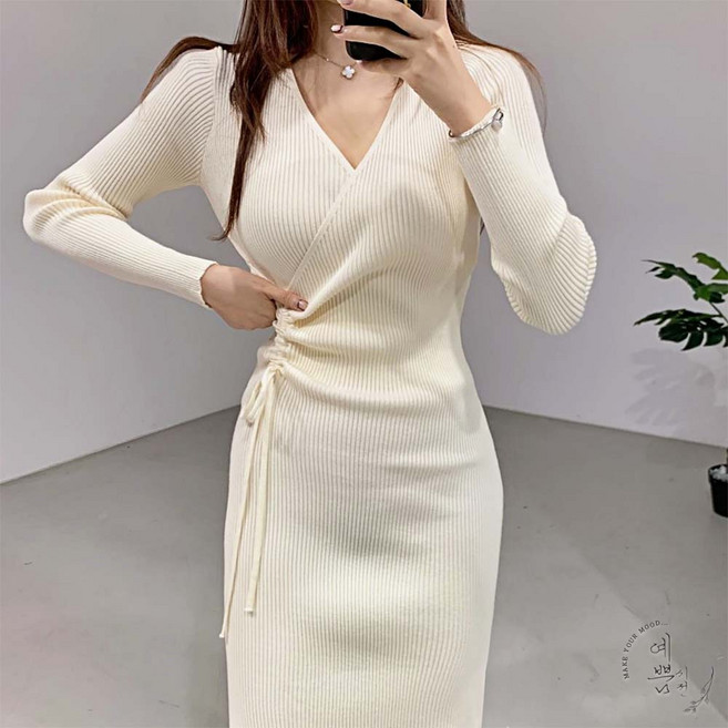 예쁨시전 섹시 셔링 긴팔 브이넥 골지니트 롱원피스