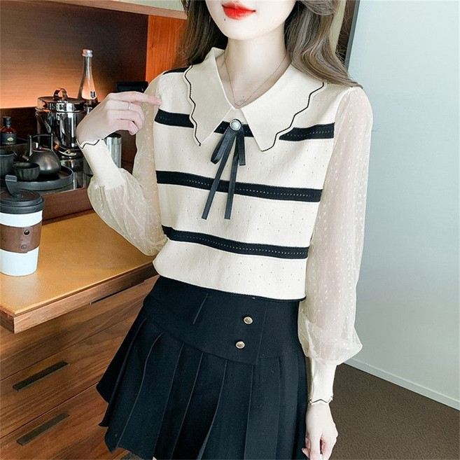 besteffie 여성용 봄 가을 니트 블라우스 레이스 긴소매 리본 장식 스트라이프 디자인 루즈핏 카라넥 스웨터 K72