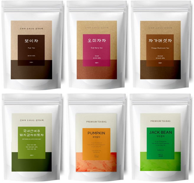 유리아 전통차 삼각티백 버라이어티팩 6종 총120티백 국내산 작두콩차20T+호박팥차20T+보이차20T+오미자차20T+차가버섯차20T+여주돼지감자비트차20T, 1개, 120개입, 1.2g