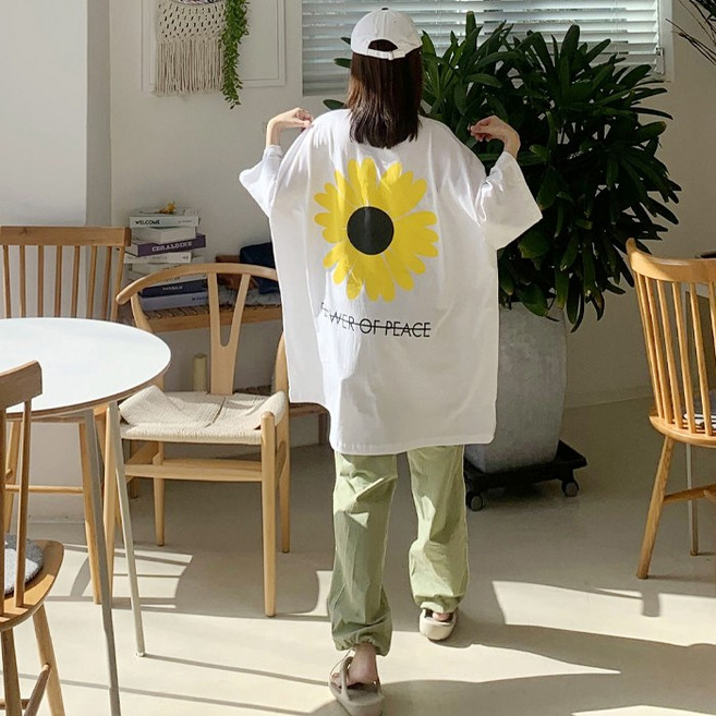 애플망고옷장 여성 빅사이즈 오버핏 반팔 큰꽃 롱박스 캐주얼 롱 여름 티셔츠