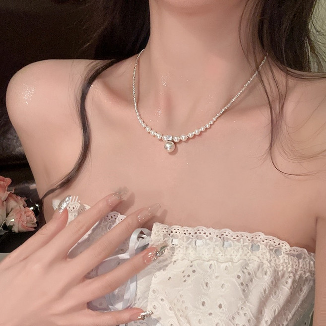 碎銀子珍珠吊墜項鍊 女 輕奢小眾設計感鎖骨鏈